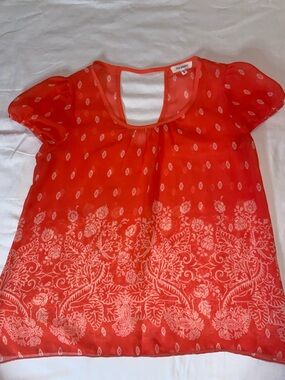 Blu Pepper Coral Orange Sheer Floral Border Top
